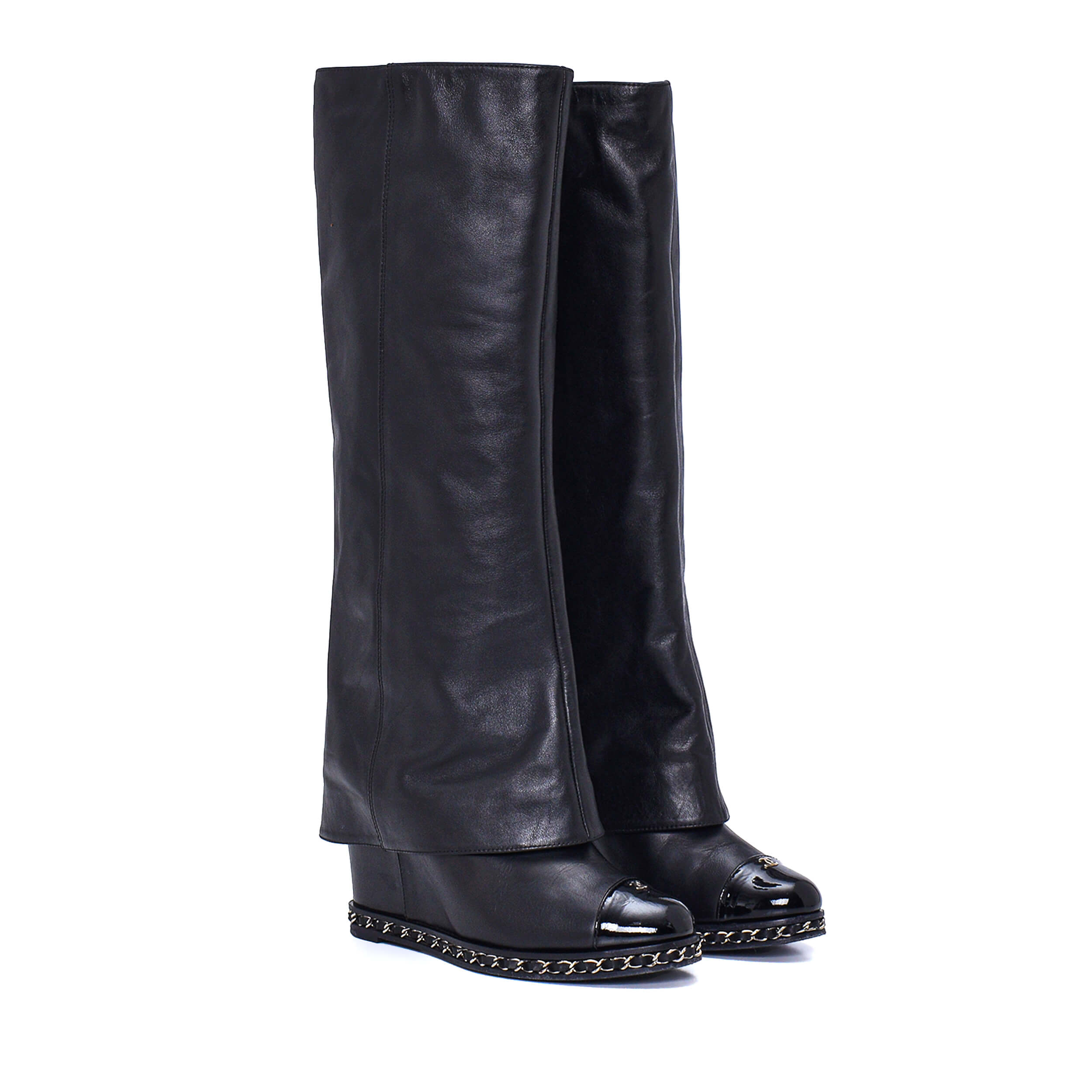 Chanel - Black Leather Fold Over Toe Cap Chain Wedge Boots